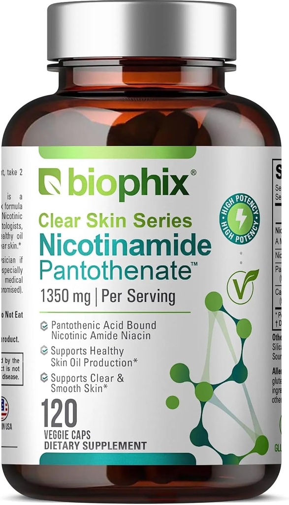 biophix B-3 Nicotinamide Pantothénate 1350 mg 120 Vcaps - Effacer la peau Série B5 Acide pantothénique Natural Sans Flush Amide nicotinique Niacine - soutient la santé des cellules de la peau