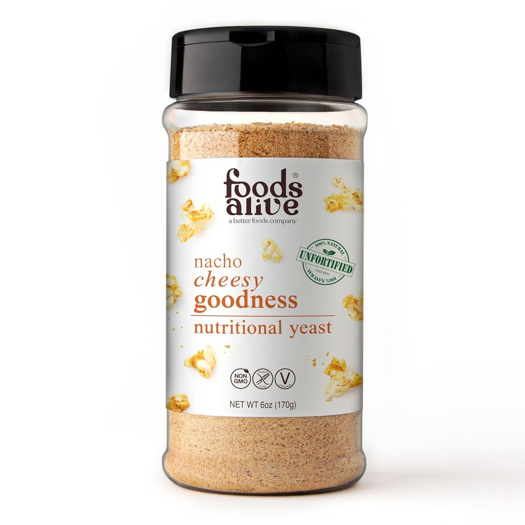 Nourritures Alive Nacho Bonneté Cheesy Levure nutritionnelle, 6oz pot de Shaker/non-fortifié, assaisonnement de poudre de fromage végétalien