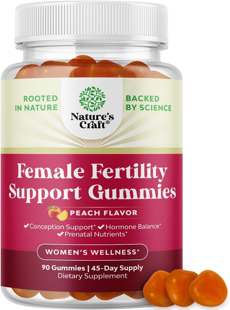 Gummies de fertilité pour les femmes qui essaient de concevoir - supplément de fertilité pour les femmes avec acide folique du Myo-Inositol et chasteberry du Vitex - végétalien non-OGM et sans gluten - pêche juteuse (45 portions)