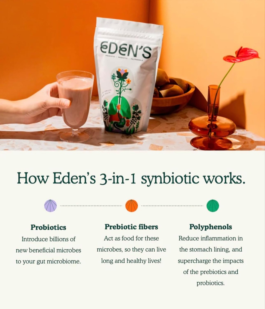 Supplément synbiotique 3-en-1 d'Eden Prébiotiques, probiotiques et supplément de santé en polyphénol Gut, une fois par jour, 8g de fibre