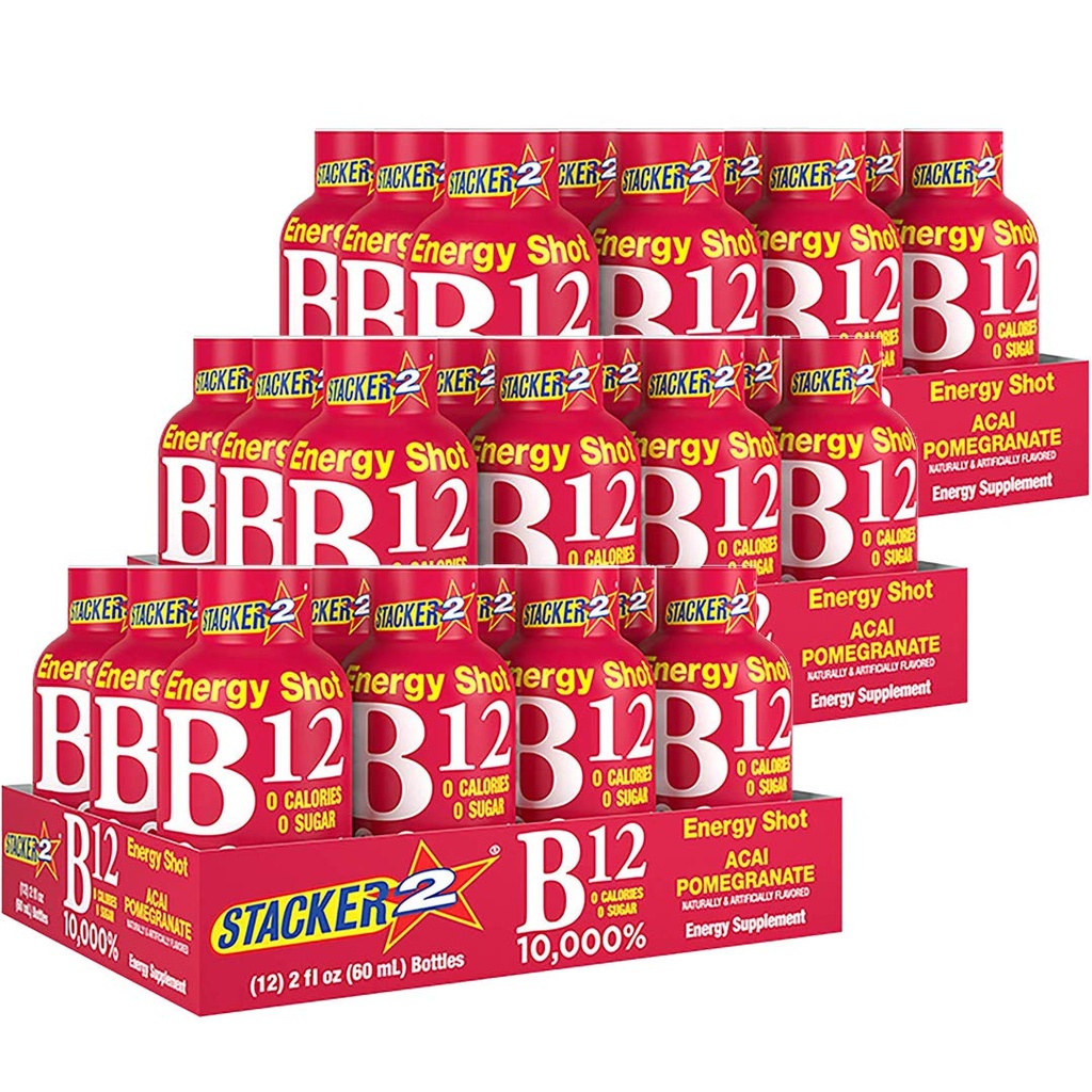 Stacker 2 Vitamin B Complex B12 B6 B3 Liquid Energy Shots - Acai & Pomegranate - Cyanocobalamin, 10,000% DRV - B-6 Pyridoxine 40mg - B3 Niacinamide (Niacin) 20mg - BASED BOX Bundle (2oz, Pack of 36)