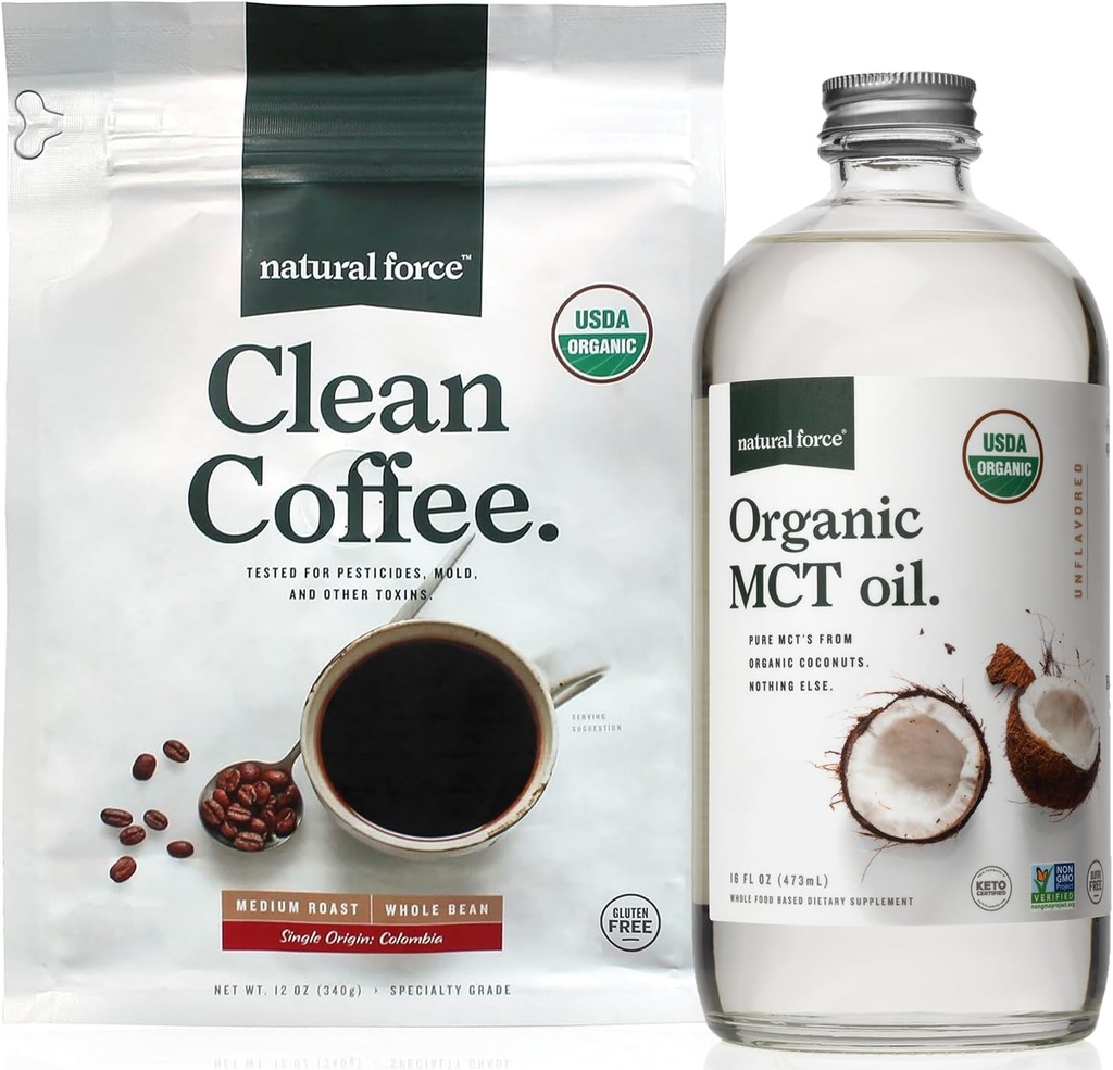 Natural Force Bio Clean Coffee + Organic MCT Oil Bundle – 100% pur Coconut MCTs & Mold & Mycotoxine Café gratuit – Non-OGM, Keto, Paleo et Vegan - 12 Oz Sac et 16 Oz bouteille en verre