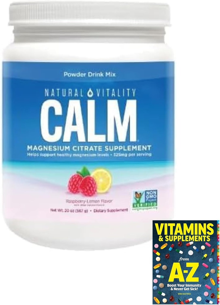 Natural-Vitality Calm Magnesium Citrate Powder, Raspberry Lemon Flavor, 20 Ounces+Guide Vitamins Free Include.(Pack 01) Bottle +Guide Vitamins