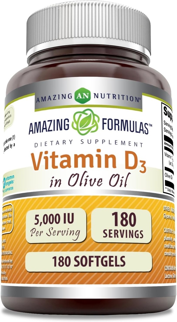 Formules étonnantes Vitamine D3 avec huile d'olive 5000 UI softgels Supplément.