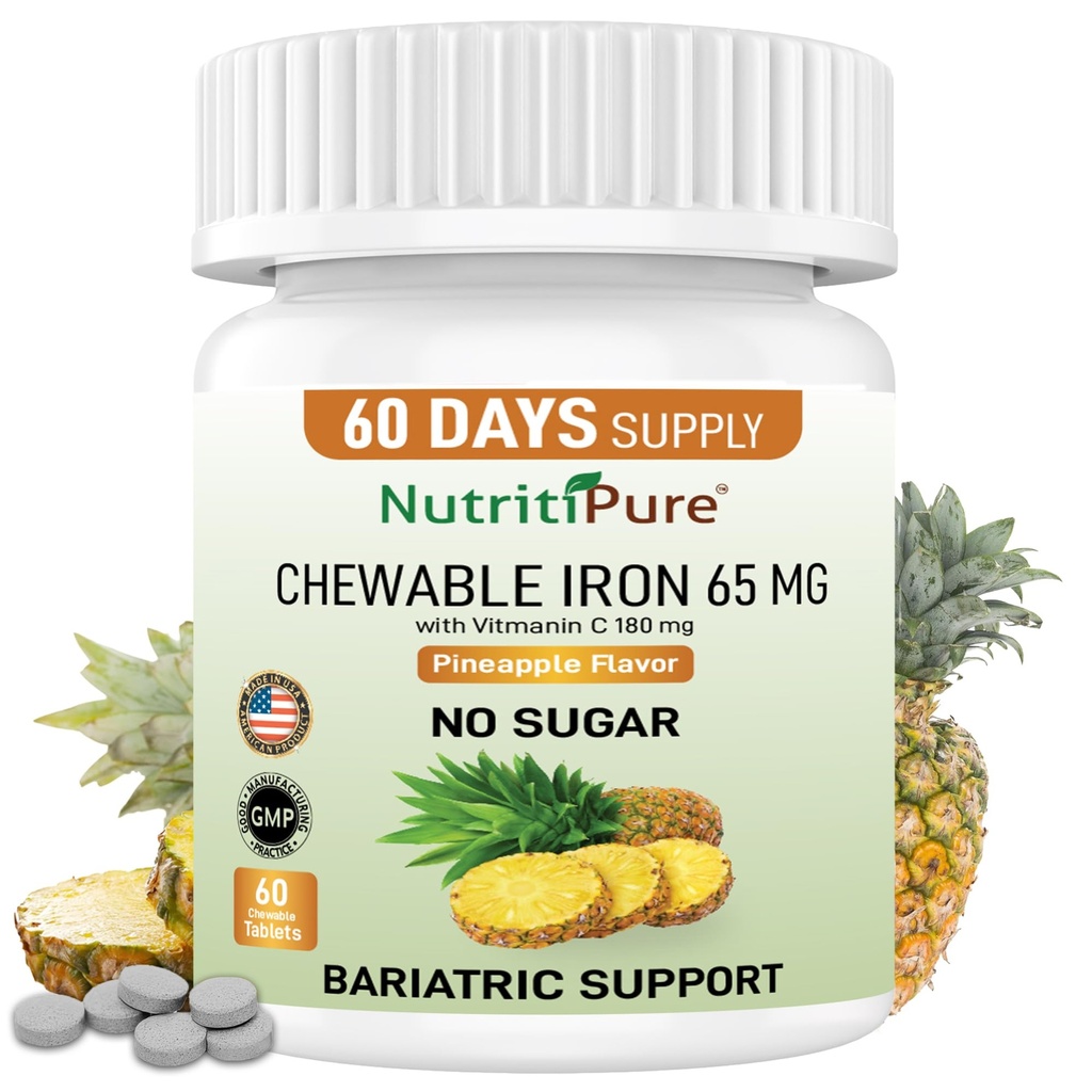 Carbonyle de fer à croquer 65 mg avec la vitamine C 180 mg (pour les femmes/hommes) - Comprimé dans l'arôme d'ananas 60 Nombre (1)