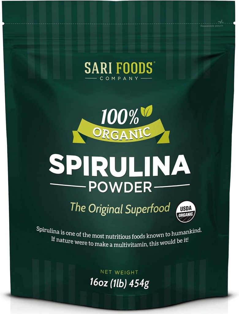 Poudre de Spiruline Biologique (16 once): Végétalien naturellement, Approvisionnements Folate, Vitamine B12, Fer, Acides gras Oméga, GLA, Beta Carotène, Chlorophylle, Acides Amino