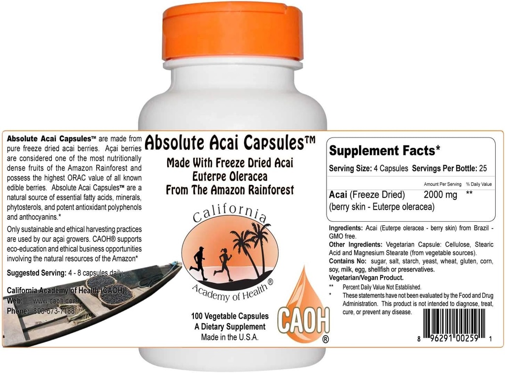 Capules absolues d'açai - Fabriqué à partir d'açai biologique de CAOH® (3 bouteilles: 2000 mg par portion - 100 capsules végétales, 500 mg chacune)