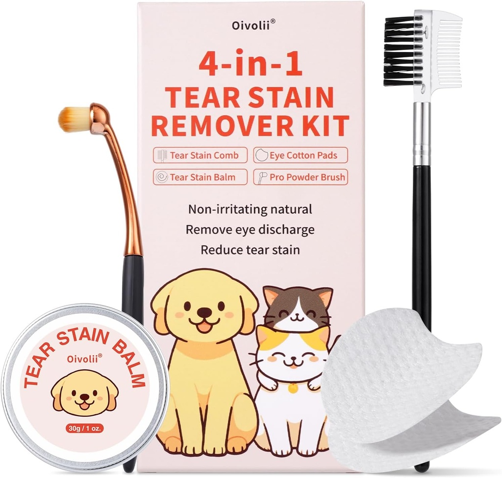 Kit de démaquillage pour chiens et chats avec peigne de démaquillage, baume de démaquillage, tampons de coton pour yeux, brosse en poudre pro