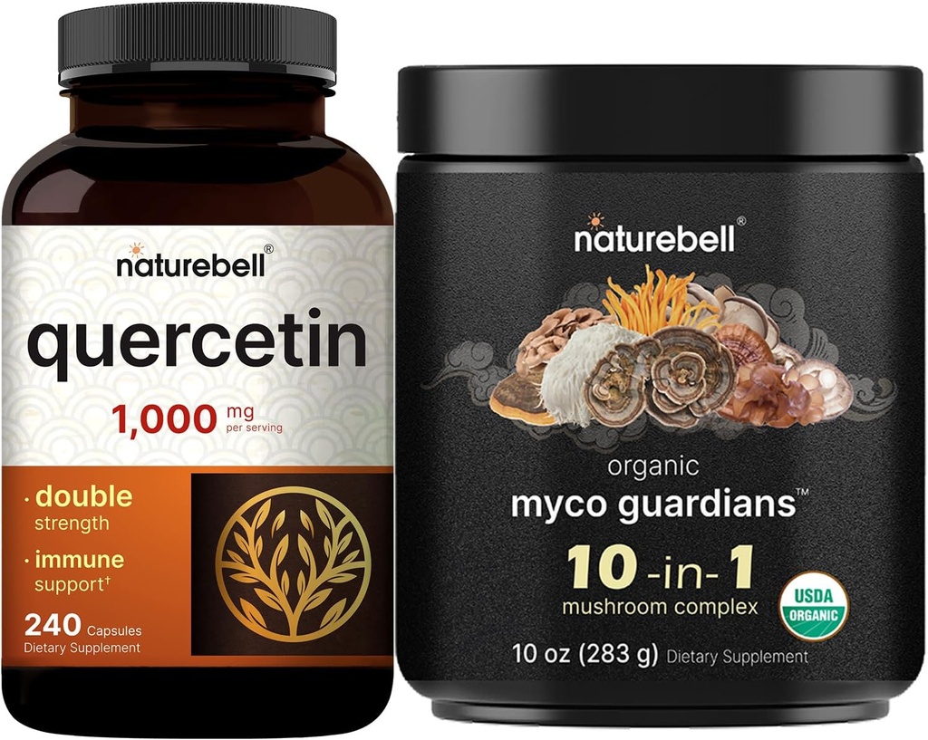 NatureBell Quercetin 1000mg par portion et 10 en 1 Poudre de champignons, pack de 10 oz de bundle