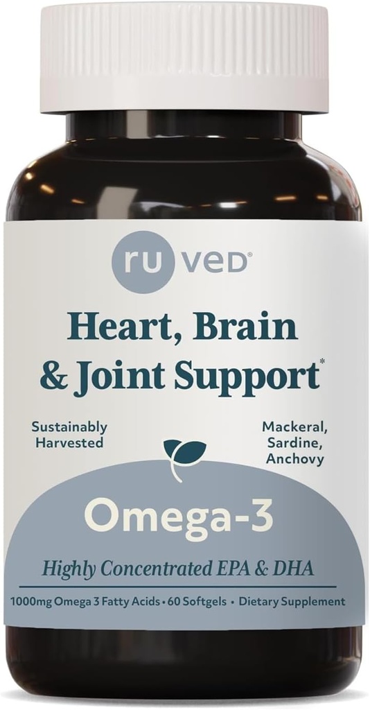 oméga-3 ruvé - Omega 3 huile de poisson, 1000mg par capsule, supplément d'huile de poisson EPA & DHA pour les femmes et les hommes, coeur, cerveau et soutien articulaire - 60 capsules de softgel (1 comte)