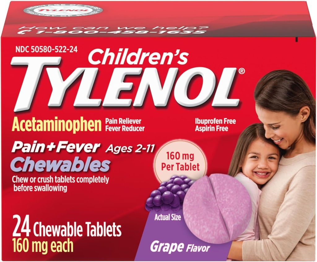 Tylenol pour enfants Chewables avec 160 mg d'acétaminophène, analgésique et réducteur de fièvre pour les symptômes du rhume et de la grippe chez les enfants, maux de tête, mal de gorge et de dents, sans aspirine, arômes de raisin, 24 ct