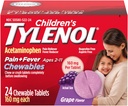 Tylenol pour enfants Chewables avec 160 mg d'acétaminophène, analgésique et réducteur de fièvre pour les symptômes du rhume et de la grippe chez les enfants, maux de tête, mal de gorge et de dents, sans aspirine, arômes de raisin, 24 ct