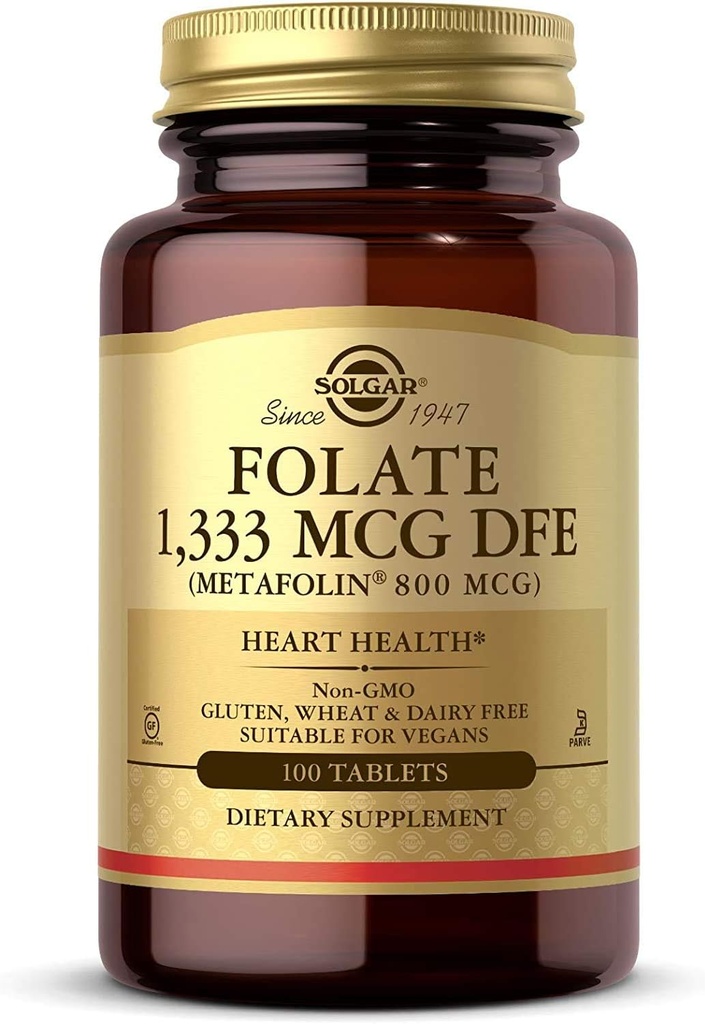 Solgar Folate 1,333 mcg DFE, 100 comprimés - 800 mcg Bio-Active Métafoline - Santé du coeur - Non-OGM, végétalien, sans gluten, sans lait, sans casher - 100 portions
