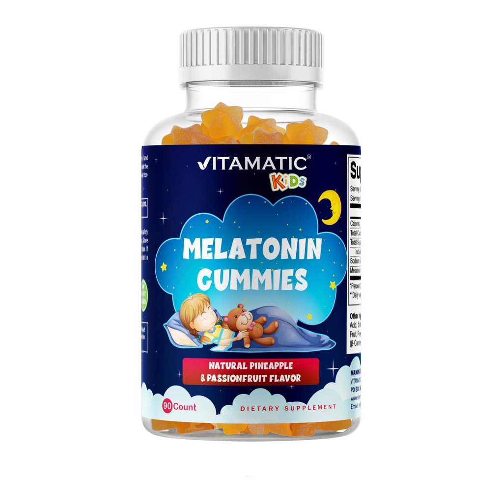 Enfants sans sucre Vitamatic Melatonin 1mg, 90 Gommies, ananas et fruits de passion Gommies aromatisées, 90 jours d'approvisionnement