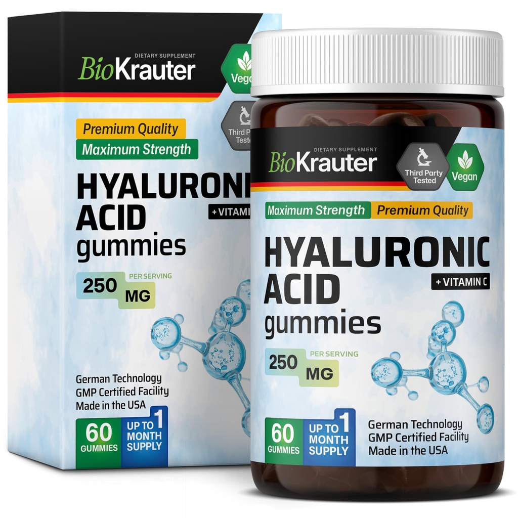 BIO KRAUTER Gummies à l'acide hyaluronique avec Vitamine C - 250 mg - 60 Chews végétaliens - Suppléments à l'acide hyaluronique - à base de pectine