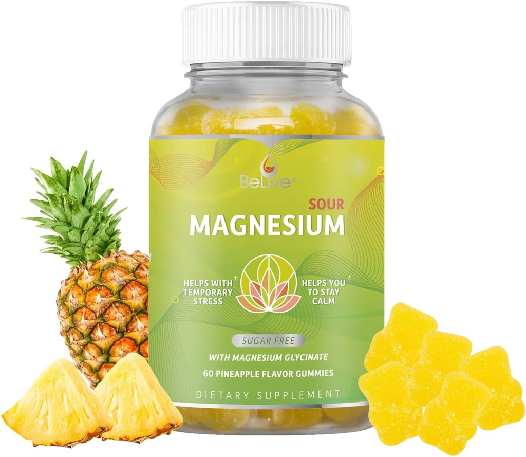 Gommies de magnésium BeLive 200mg - 60 Ct. Suppléments de glycine de magnésium pour la relaxation, le stress et le sommeil pour les adultes et les enfants - Saveur d'ananas savoureux et Tangy