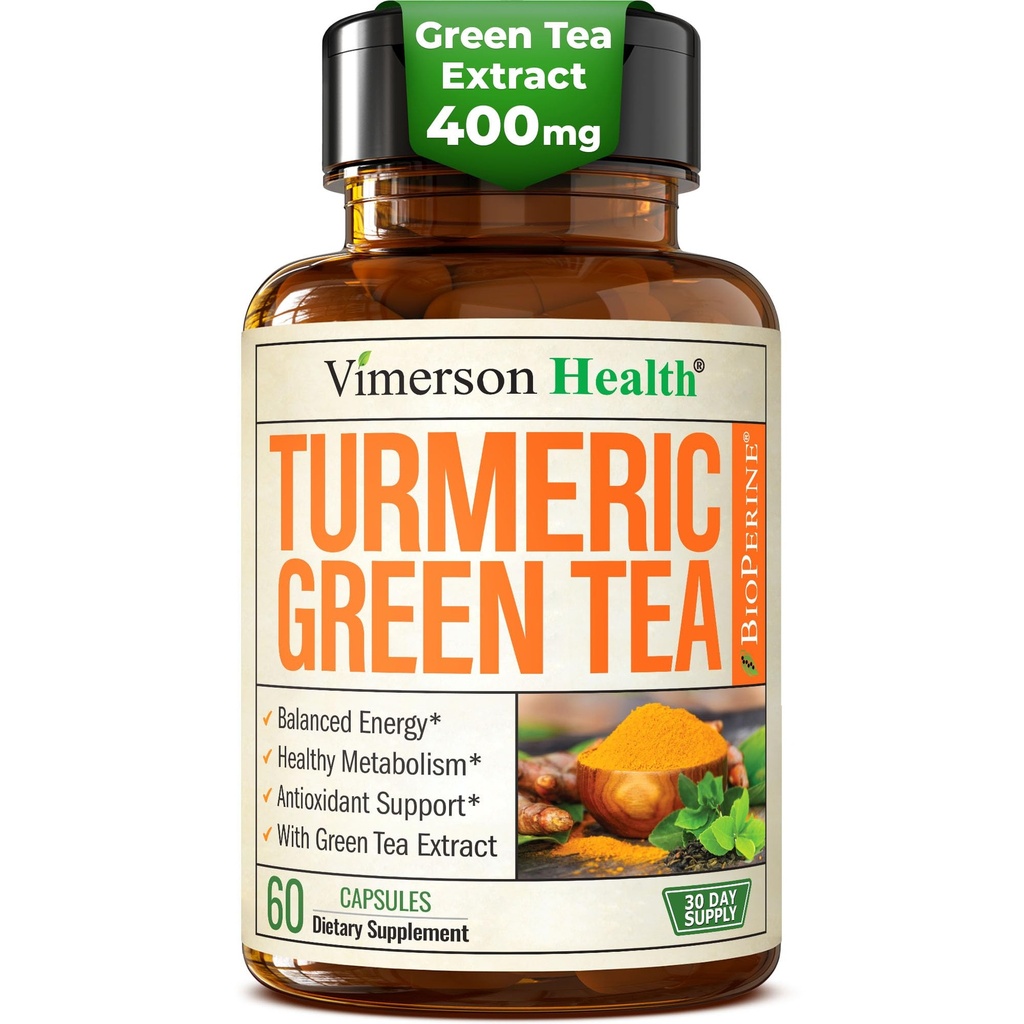 Supplément curcumine curcumine avec extrait de thé vert (ECGC) et vitamine C pour équilibre articulaire santé, énergie et inflammation - Curcumine tumère biologique avec poivre noir - sans gluten, sans OGM - 60 capsules