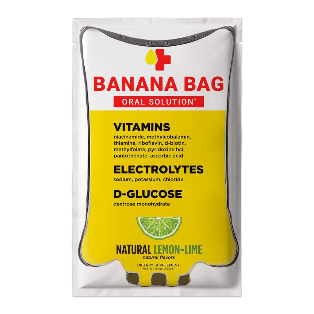 Sachet de banane Paquets de solution orale – Lime de citron naturel 15pk.Un mélange rafraîchissant d'électrolytes, de vitamine C et de complexe B pour l'hydratation quotidienne et l'énergie.