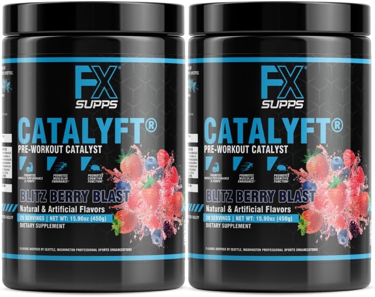 FXSUPPS Catalyft pré-entraînement boisson en poudre pour hommes et femmes Blitz Berry Blast Mix avec créatine, caféine et bêta-alanine.