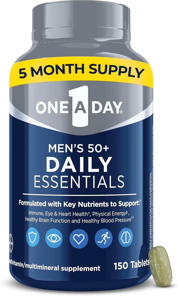 Un jour pour les hommes Multivitamine 50+ Essentiels quotidiens Multivitamine pour les hommes 50 Plus soutient la santé immunitaire, la santé du cerveau et l'énergie physique.