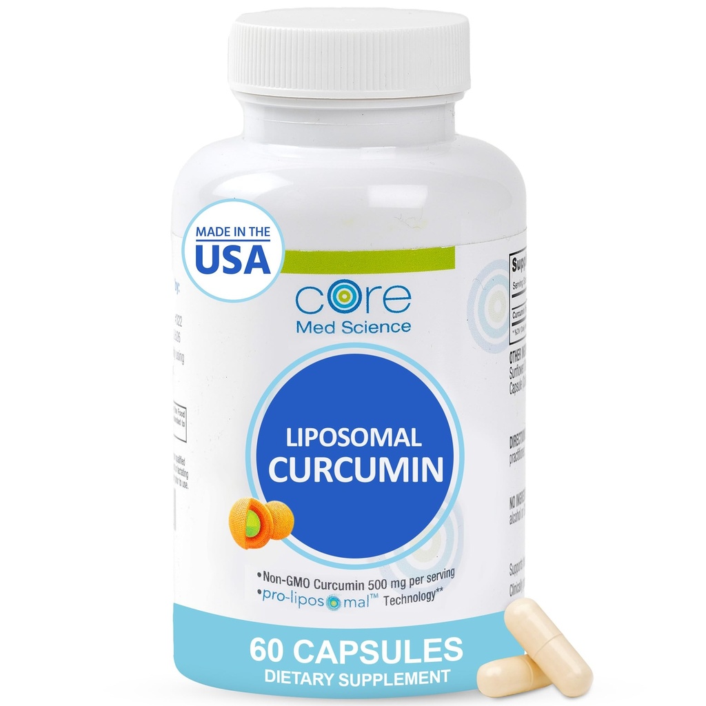 Core Med Science Capsules de curcumine liposomique, 500mg - Supplément d'extrait de curcuma pur - Soutien à la santé articulaire et cardiaque élevée pour les adultes - Promotion de la santé cognitive et cérébrale, non-OGM (60 Nombre)