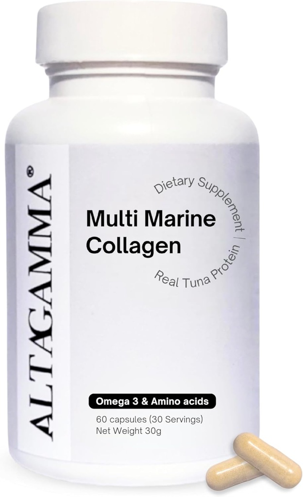 Peptides de collagène marin - Collagène marin pour les femmes et les hommes - Peptides multi collagènes – Cheveux, peau, ongles et articulations – Protéines multi collagènes et vitamines - Peptides de collagène biologique, 60 Capsules de collagène