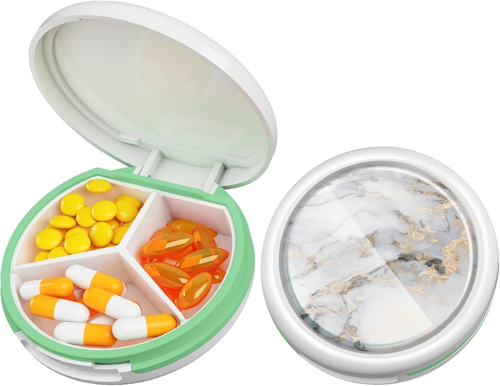 Serfeymi Petite Pill Box - 3 compartiments Portable Pill Box pour la poche de Purse, Compact Mini Travel Pill Case - Convient pour la médecine, la vitamine, l'huile de poisson, suppléments - blanc(Marble)