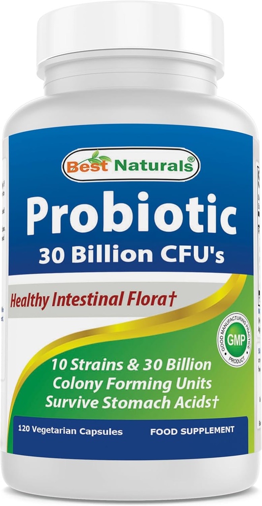 Meilleurs Probiotiques naturels 10 souches et 30 milliards CFU Flore intestinale, 120 Capsules de Veggie - Étagère Probiotique stable (4146365)