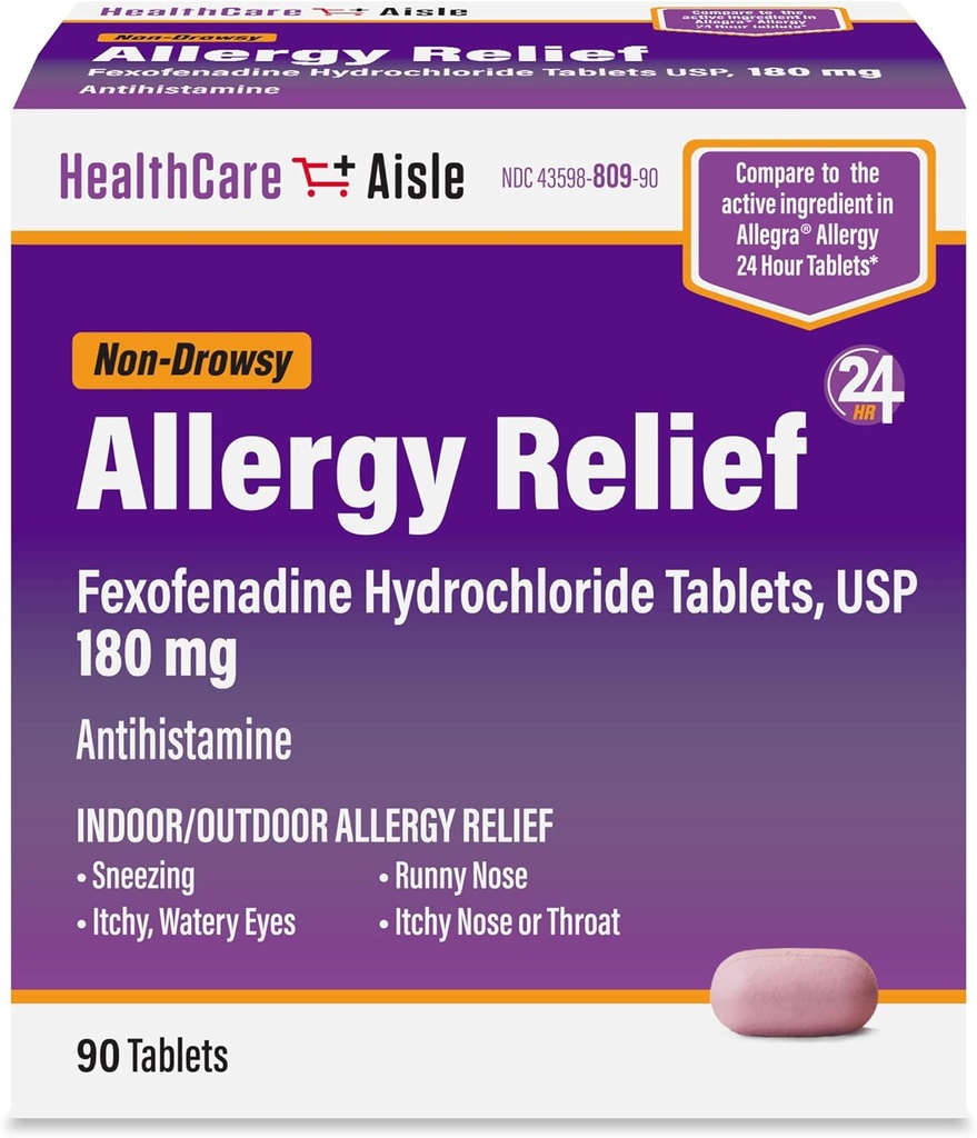 HealthCareAisle Allergy Relief - Comprimés de chlorhydrate de Fexofenadine USP, 180 mg, 90 Comprimés, Allergie Médicament, non somnolence 24h/24