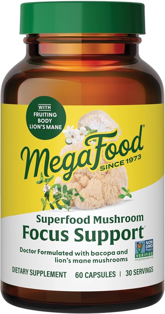 MegaFood Superfood Mushroom Focus Support - Doctor Formulé Lions Mane Supplément Capsules - Lions Mane Champignon Supplément avec Bacopa cliniquement étudié - Vegan - 60 Capsules, 30 portions