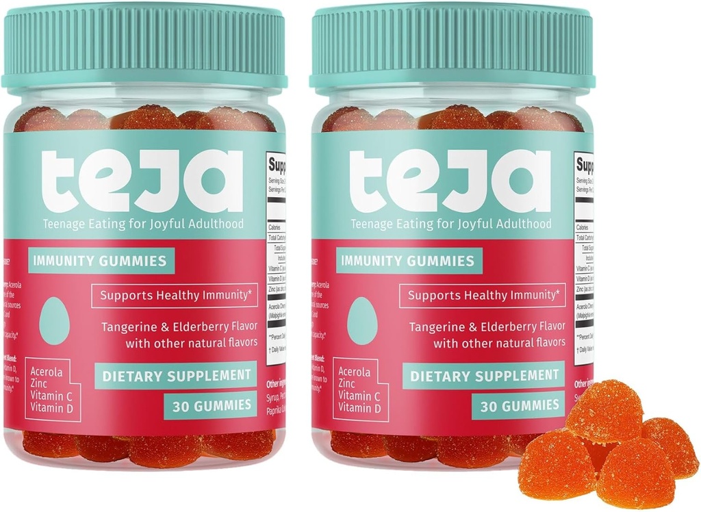 TEJA Immune Support Gommies pour adolescents avec vitamine D, VIT C, zinc et Acerola. Supplément de sucre faible, l'immunité quotidienne multivitamine pour l'âge de 12-17 ans Adolescents aux adultes. 30 Gummies (2 Pack)