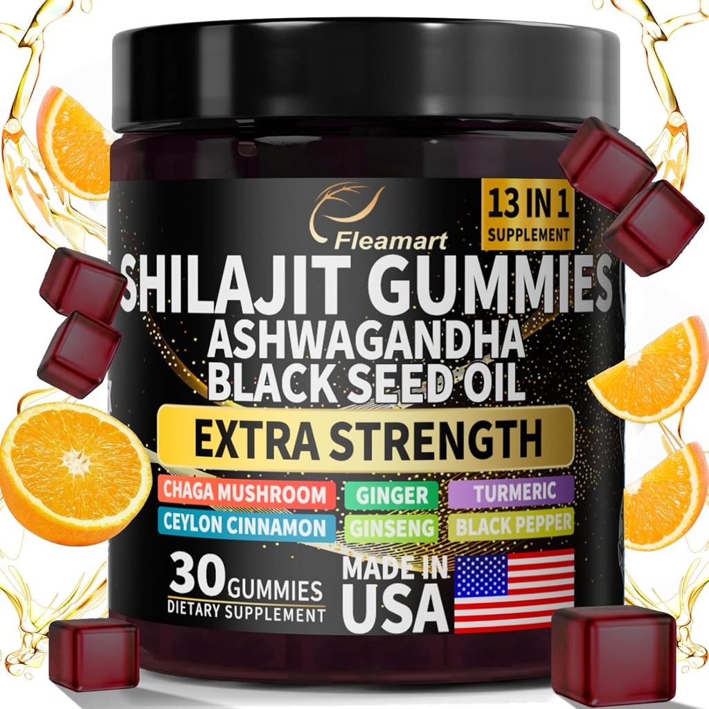 Gummies Shilajit, Gummies Shilajit pur himalayen avec Ashwagandha, Huile de graines noires, Gummies Shilajit sans sucre pour les hommes et les femmes, 30 comtes, Arôme orange