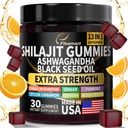 Gummies Shilajit, Gummies Shilajit pur himalayen avec Ashwagandha, Huile de graines noires, Gummies Shilajit sans sucre pour les hommes et les femmes, 30 comtes, Arôme orange