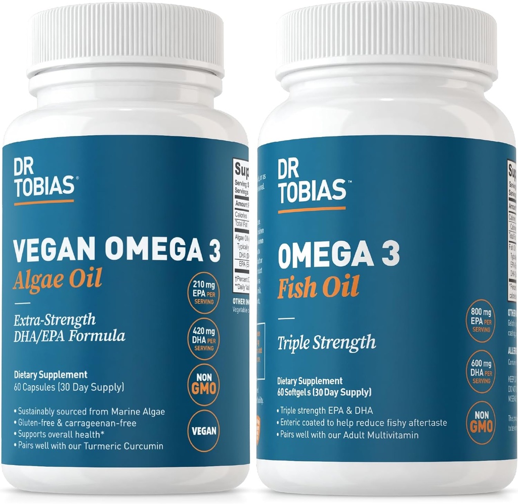 Dr Tobias Omegan Omega 3 Huile d'algues et Omega 3 Huile de poisson, 2 options pour le soutien complet des acides gras, non-OGM