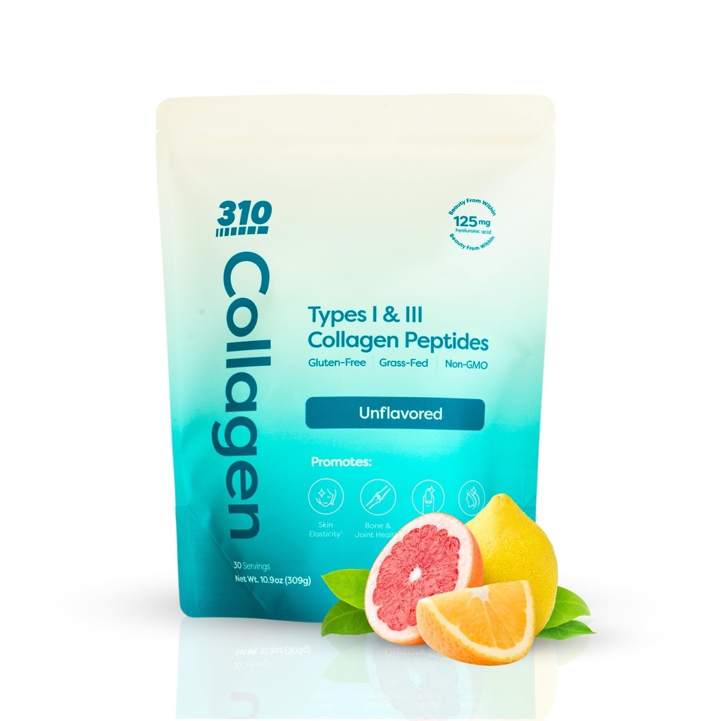 310 Nutrition Poudre hydrolysée de peptides de collagène pour les femmes et les hommes - Supplément de collagène alimenté par l'herbe avec acide hyaluronique, resvératrol, vitamine C, D et E pour la peau, les cheveux et les ongles - 30 VRS non aromatisé