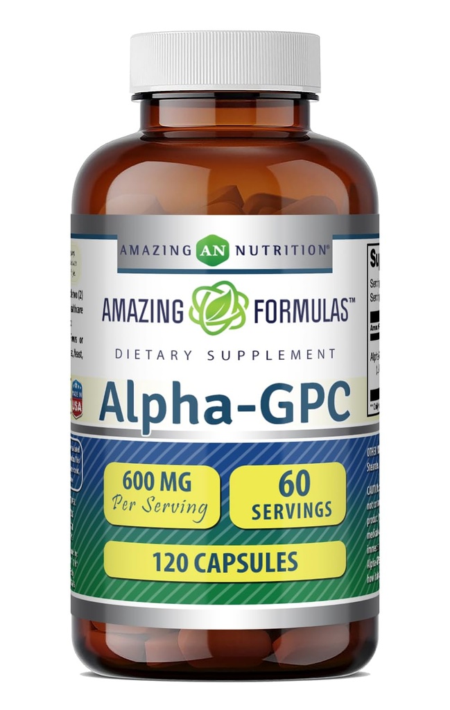 Formules étonnantes Alpha supplément de GPC de 600 Mg par service de 120 capsules de 120 capsules de 100 mg sans gluten Fabriqué aux États-Unis