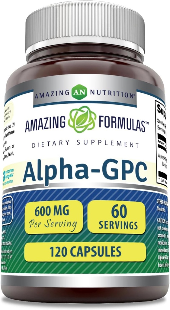 Formules étonnantes Alpha supplément de GPC de 600 Mg par service de 120 capsules de 120 capsules de 100 mg sans gluten Fabriqué aux États-Unis