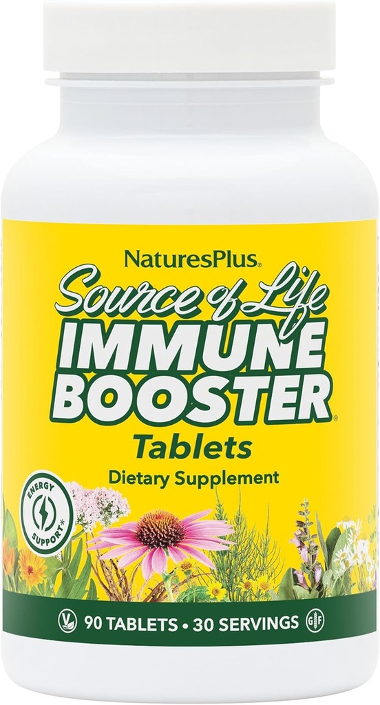 Natures Plus Source de vie Immune Booster Formule pour adultes, libération rapide et prolongée - 90 comprimés végétariens - Supplément d'immunité naturelle Booster - Vitamines A, C, E & Zinc - Sans gluten - 30 portions