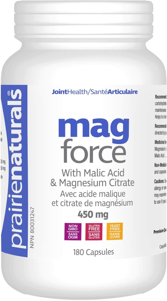 Prairie Naturals Mag Force Magnésium et Capsules Acide Malic, 180 Nombre