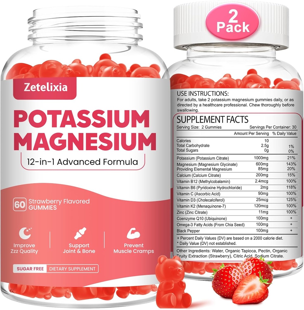 2 Pack supplément de magnésium potassique Gommies pour adultes Enfants, Magnésium Glycinate et Citrate de potassium, Plus Multivitamine, Oméga-3 et poivre noir, Crampes des jambes, Santé musculaire et cardiaque, 120 Compte