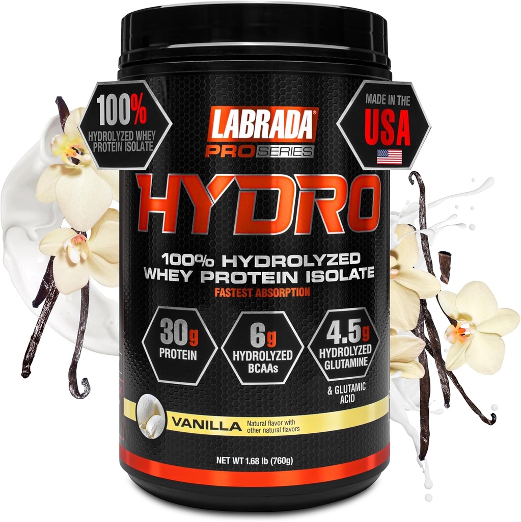 LABRADA Hydro 100% pur hydrolysé poudre isolate de protéines de lactosérum, sans lactose, 6g BCAA, 4,5g de glutamine, plus rapide de digestion Whey disponible, mélange instantané, goût délicieux 20 portions (Vanilla)