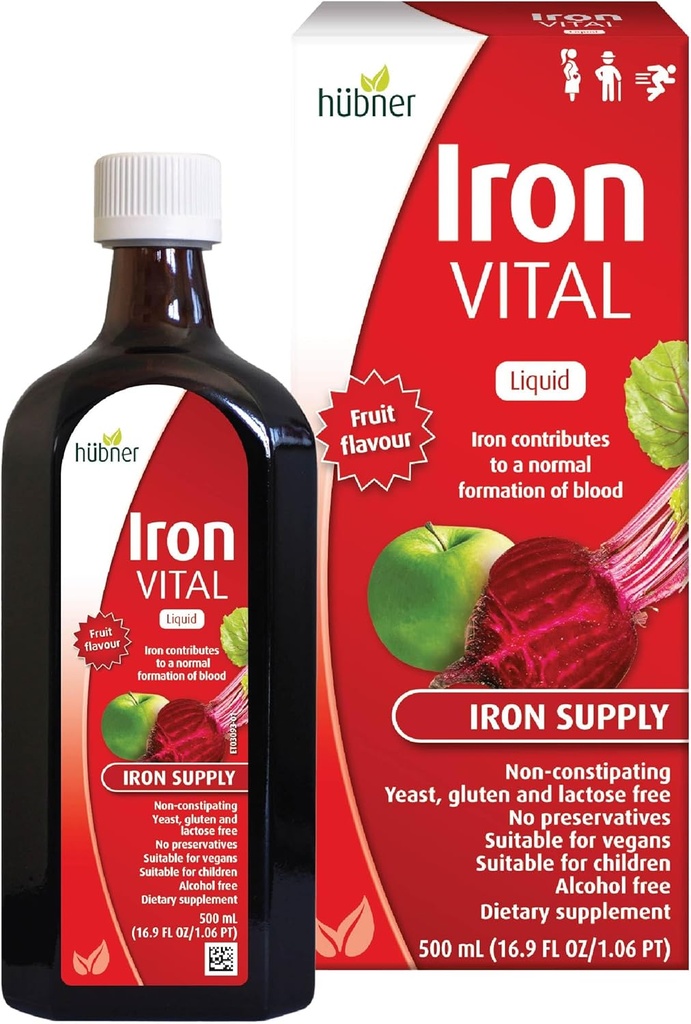 Hübner Hubner Iron Vital Liquid Iron Supply Plus Vitamine C, supplément alimentaire pour adultes et enfants, végétalien et sans gluten, saveur de fruits, bouteille de 500 ml, 50 portions
