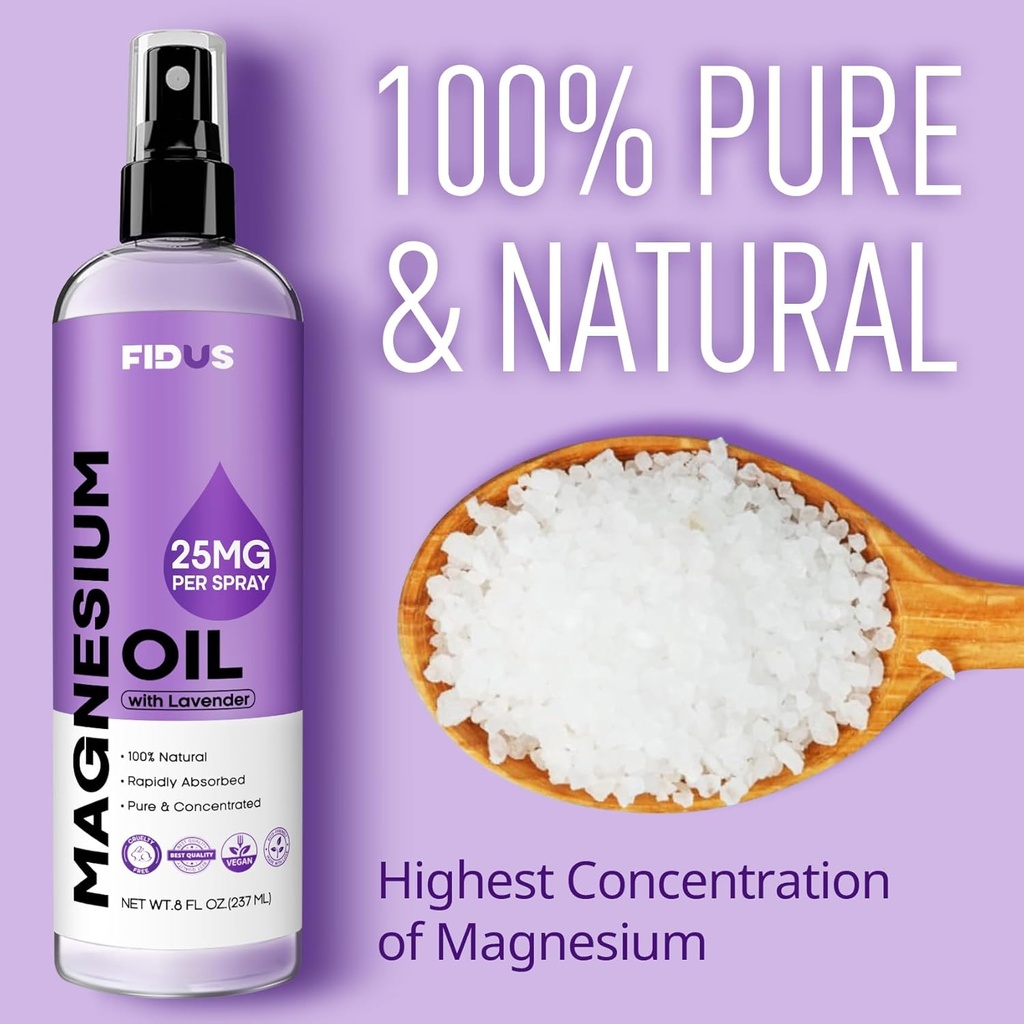 Fidus Spray à l'huile de magnésium 100% pur avec lavande - Big 8 fl oz Chlorure de magnésium topique pour pieds, Spray de magnésium naturel biologique de l'ancien Zechstein Seven Seabed Minerals