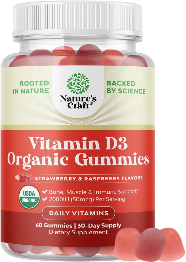 Vitamine biologique D3 Gummies pour les femmes et les hommes - Vitamine D Gummies 2000IU par portion pour la santé des os, les muscles et le soutien immunitaire - Supplément non-OGM pour les adultes - Sans gélatine et sans gluten - 60 Gums