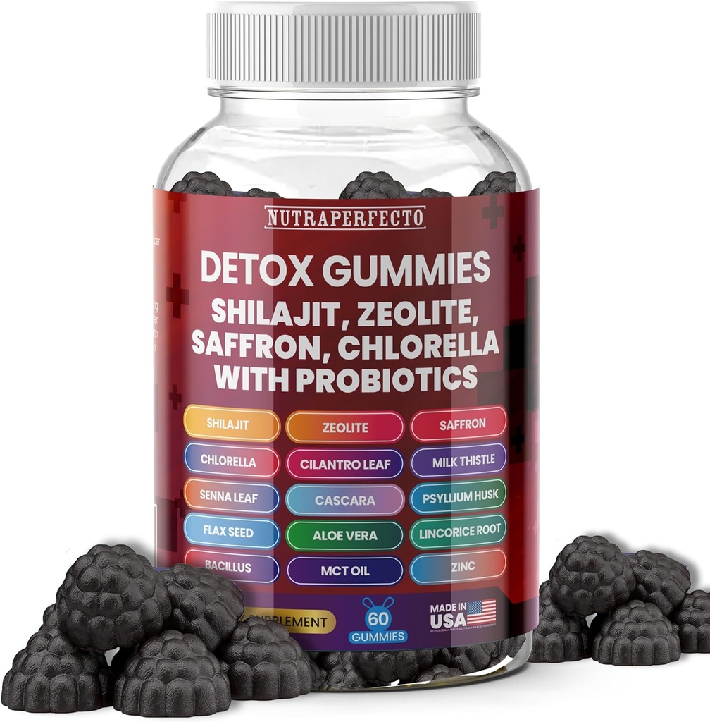 Sans sucre Zeolite Detox Gummies Shilajit Safran Probiotiques Chlorelle Psyllium Husk Safron Senna Feuille de magnésium Citrate de lait de zinc Thistle de métal lourd Enfants Adultes Énergie et focus