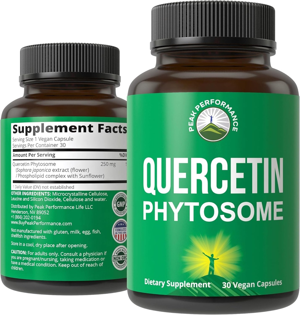 Peak Performance Ultra Pure Quercetin Phytosome Capsules Vegan - Rich Sophora Japonica Extrait pour Max Absorption Maintenant. Quercetin 250mg Capsules de supplément. Fabriqué aux États-Unis
