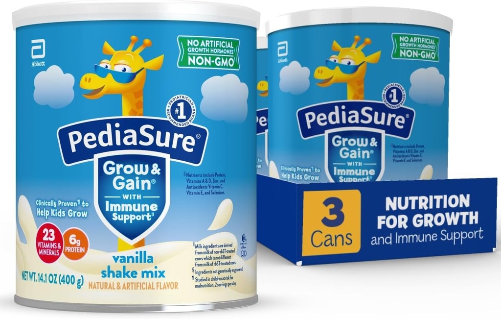 PediaSure Grow & Gain avec support immunitaire Shake Mix Poudre, 23 Vitamines et Minéraux, 6g Protéines, Non-OGM, Sans gluten, Vanille, 14,1 oz Can, Boîte de 3-24 portions