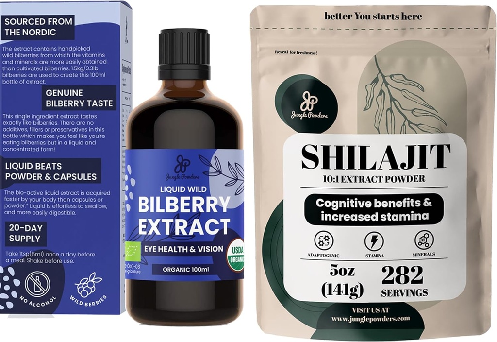 Poudres de jungle Extrait de bilberry sauvage biologique pour les yeux Supplément de bilberry pour les yeux, Poudre Shilajit pour les hommes 10:1 Extrait Supplément d'énergie de soutien immunitaire