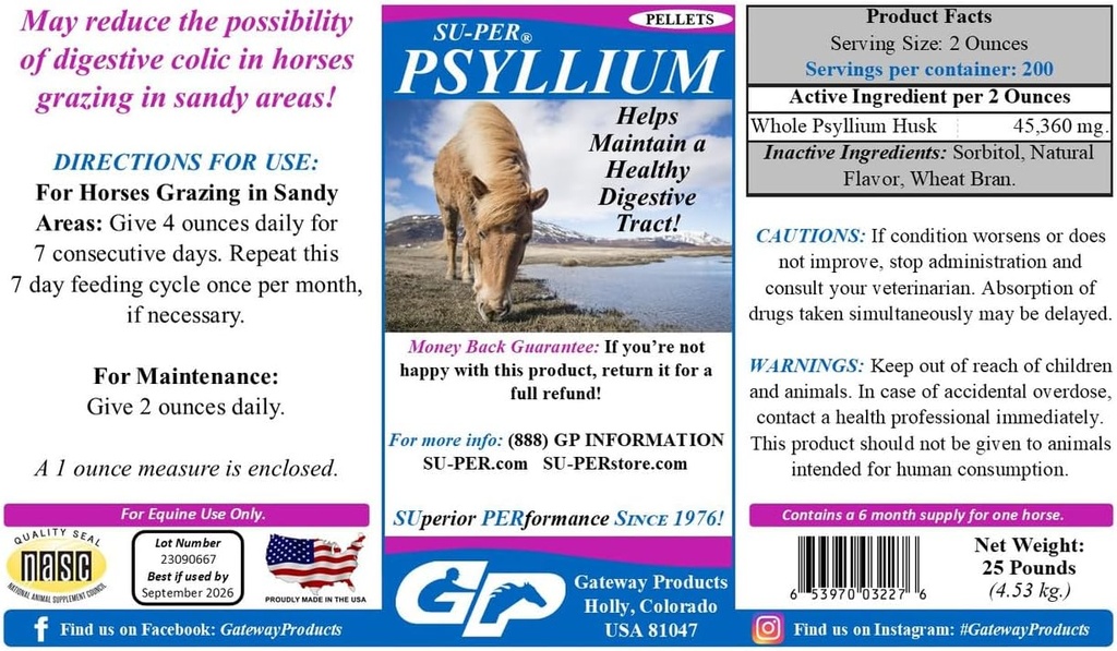 SUPER Psyllium Pellets Supplément Hippique - Maintien d'un système digestif sain chez les chevaux - Soutient l'enlèvement de sable et de dirt du système intestinal - 25 livres, 6 mois d'approvisionnement