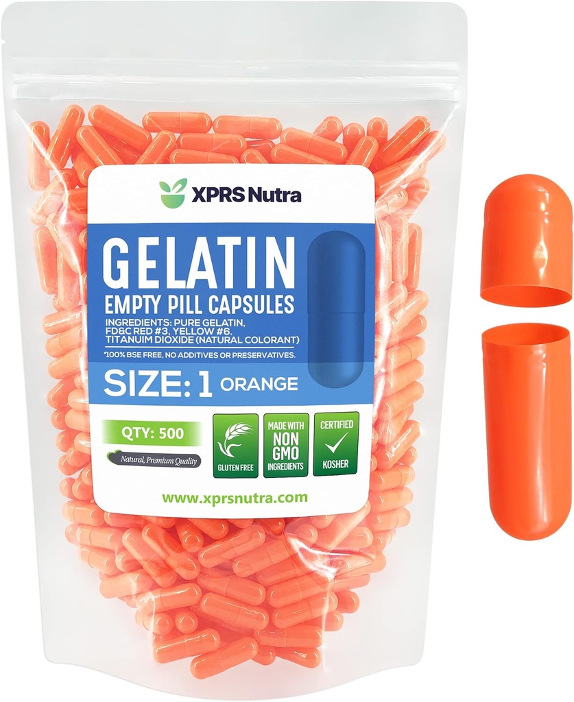 XPRS Nutra Taille 1 Capsules vides - 500 Compte Capsules de gélatine vides - Remplissage de la gélule de bricolage - Capsules de gel de pilules pures pour les suppléments Do-It-Youlf (Orange)